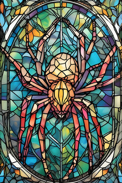 A glass window in the shape of a colorful spider.