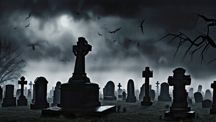 Fototapeta premium A haunting graveyard with weathered tombstones and eerie mist, set against a stormy sky crackling with lightning.