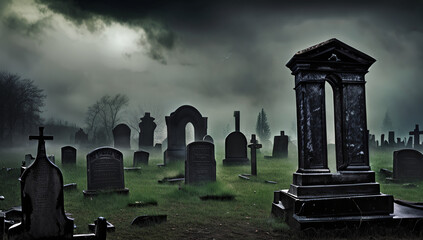 A haunting graveyard with weathered tombstones and eerie mist, set against a stormy sky crackling with lightning.