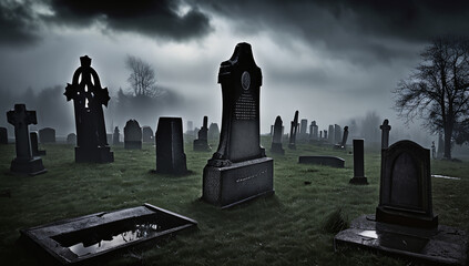 A haunting graveyard with weathered tombstones and eerie mist, set against a stormy sky crackling with lightning.