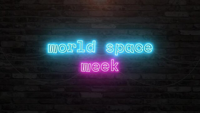 World space week with neon text effect in wall background. Seamless looping video