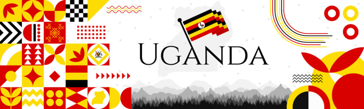 The Uganda Independence Day abstract banner design with flag and map. Flag color theme geometric pattern retro modern Illustration design. Red, yellow and black color template.