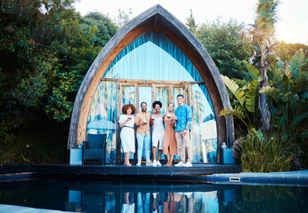 Garden lodge, glamping and friends portrait at a cabin with luxury accommodation and modern...