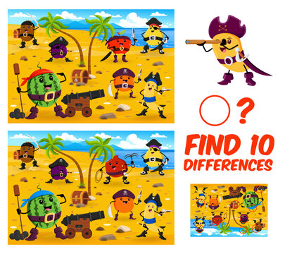 Find ten differences. Cartoon fruit pirates and corsairs characters kids game worksheet. Vector matching puzzle with pirate treasure island, funny orange, apple, mango and banana fruits personages