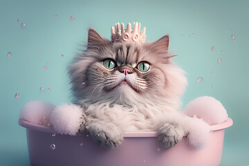 illustration of breedly cat with crown laying in the bath. grooming animal concept