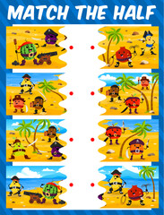 Match the half of cartoon fruit pirates and corsairs characters. Kids game quiz vector worksheet with pirate treasure island puzzle, cute watermelon, apple, orange and peach fruit corsairs personages