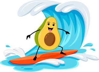 Cartoon cheerful avocado vegetable character on summer beach vacation. Fresh vector tropical fruit personage riding surf board on sea wave having outdoor fun at sea resort. Healthy food relax in ocean