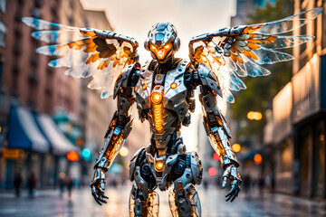 Cyborg person in transparent camo worn mech suit in center of city 