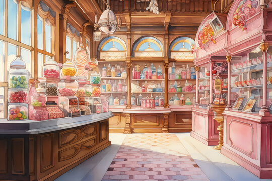 Interior of candy shop with different sweets. Generative ai.