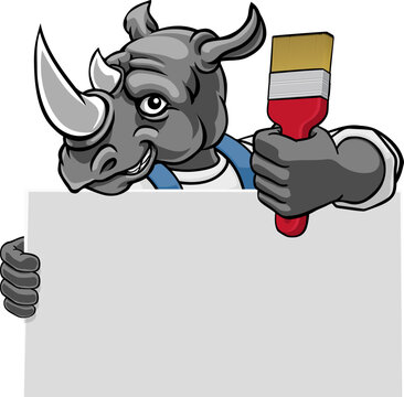 A rhino painter decorator handyman cartoon construction man mascot character holding a paint brush tool