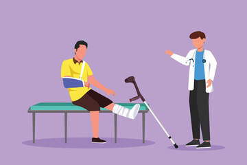 Cartoon flat style drawing leg fracture patient. Medical doctor talking to sick man with broken leg in hospital room. Young male on consultation with trauma problem. Graphic design vector illustration