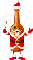 Cartoon Christmas tex mex mexican mezcal drink character in a Santa Claus costume holds burning sparkler. Vector festive bottle Noel personage bringing a spirited vibe to Xmas or New Year celebration