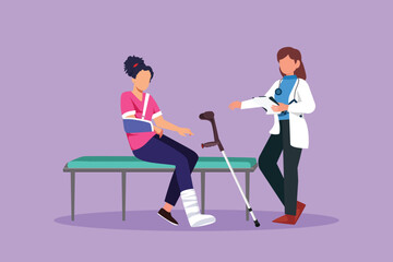 Cartoon flat style drawing leg fracture patient. Medical doctor talking to woman with broken leg in hospital room. Pretty girl on consultation with trauma problem. Graphic design vector illustration
