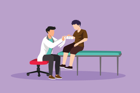 recommend clip art: Graphic flat design drawing children doctor works with little boy. Orthopedist bandages broken kids hand. Active doctor treating child in medical office or hospital. Cartoon style vector illustration