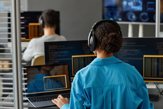 Young computer programmers working on desktop PC in office