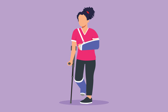 recommend clip art: Cartoon flat style drawing injured woman having head bandage, broken ankle, wrist cast walking with crutch, medical plaster on leg and arm. Sick female in hospital. Graphic design vector illustration