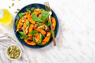 Grilled Pumpkin Salad with Arugula, Spinach, and Pumpkin Seeds, Salad Mix with Roasted Pumpkin, Autumn Salad
