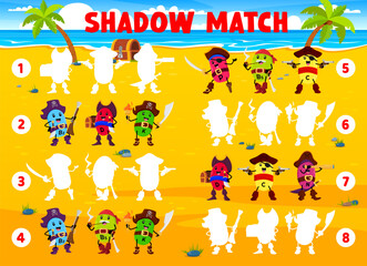 Fototapeta premium Shadow match game. Cartoon vitamin pirates and corsairs on treasure island. Silhouette find quiz or puzzle vector worksheet with P, B5, C and K, H, D vitamin pill pirate happy characters on shore