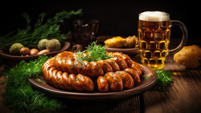 Boiled white sausages, served with beer and pretzels. Perfect for Octoberfest. Natural wooden background. Front view