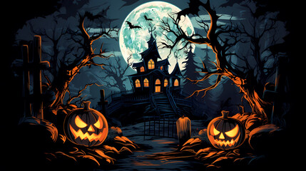 Fototapeta na wymiar halloween background with pumpkin and bats.Halloween background with Evil Pumpkin. Spooky scary dark Night forrest. Holiday event halloween banner background concept