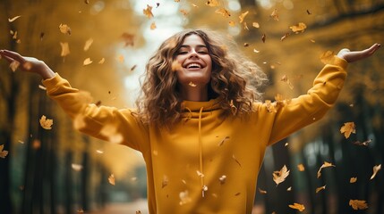 Photo of positive cheerful girl enjoy throw catch autumn air fly maple leaves in city center park woods wear pullover