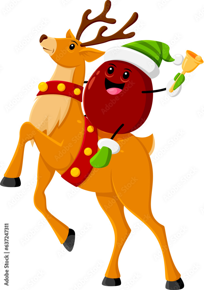 Wall mural cartoon christmas ripe raw plum fruit character joyfully rides a majestic reindeer, knolling and spr