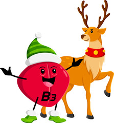 Cartoon Christmas vitamin b3 character and Xmas reindeer team up, spreading holiday cheer with vibrant smiles. A festive duo of Niacin red capsule and deer personages promoting health and happiness