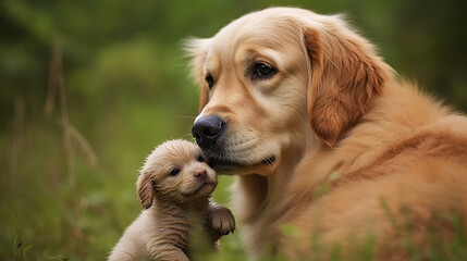 Golden Retriever puppy with its mother on the grass. Selective focus.