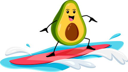Cartoon mexican avocado surfer character. Vector fresh tropical fruit personage on beach vacation, having outdoor fun at sea resort, riding surf board on sea wave. Healthy food summer relax in ocean