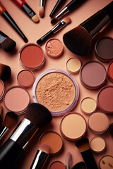An arrangement with many cosmetic makeup tools close together