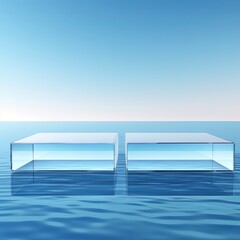 glasses object podium crystal clear stand for product mock up display showcase backdrop ideas concept with reflecting water blue sky freshness background concept,ai generate