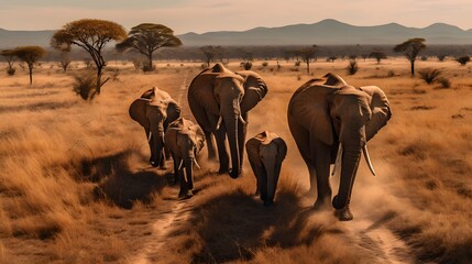 Elephant Family on the Move in Aerial Perspective