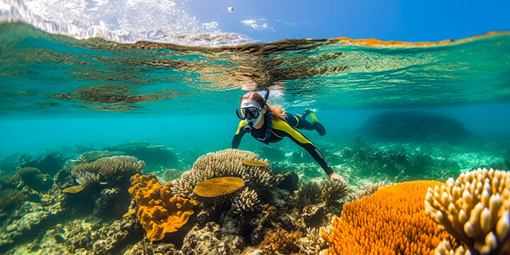 Enthralling young marine biologist in wetsuit, positioned left, amid a soft-focus underwater coral reef backdrop.