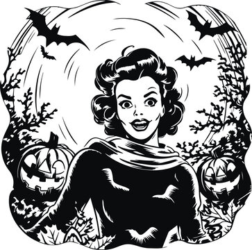 Halloween illustration  woman and flying bats them, Happy halloween Vector Illustration, SVG