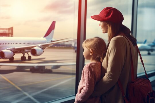 back view of mother daughter looking out window together in airport generative ai