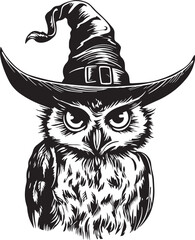 Owl in a witch hat, halloween scary owl, Vector illustration, SVG	
