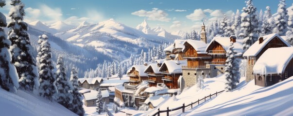 little village in snowy landscape with fir trees