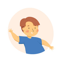 Happy little asian boy dancing. Vector cartoon illustration. Funny kids characters. Child in the colorful circle and the white background. Ideal for avatar, portrait, stickers