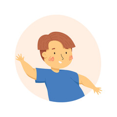 Happy little asian boy dancing. Vector cartoon illustration. Funny kids characters. Child in the colorful circle and the white background. Ideal for avatar, portrait, stickers