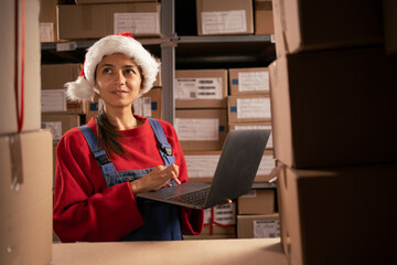 Worker checking inventory using Laptop Computer. Young female Santa Claus working in a warehouse...