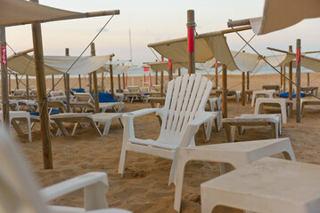 chair in focus, many chairs, beach, chair, dawn, morning
