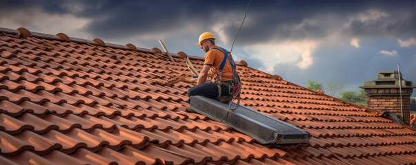Tile roofer on house. Man repair roof from leaking water. - obrazy, fototapety, plakaty