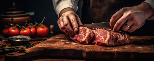 Butcher in work, beef meat withhout bone on a wooden cutting board. copy space for text.