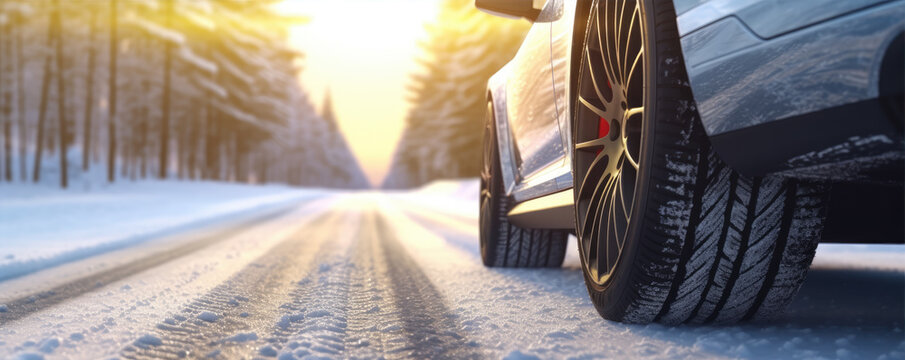 Winter tires on snowy road. wide banner. Tire on snow