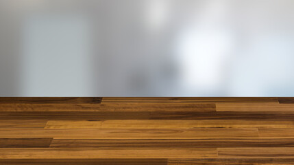 Spacious bathroom in gray tones with heated floors, freestanding tub. 3D rendering., Background with empty wooden table. Flooring.