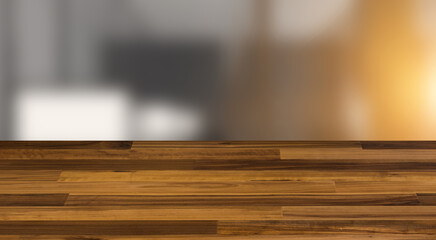 Modern meeting room. 3D rendering. Sunset., Background with empty wooden table. Flooring.