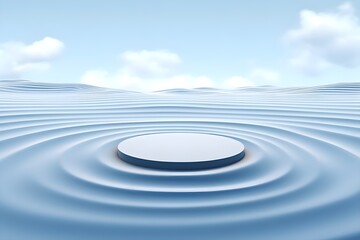 3d render of white podium in the desert with waves and blue sky AI Generative Illustration. Podium for product shoot.