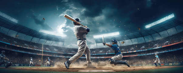 baseball player in action, at night stadium with spotlights. abse ball motion banner. - obrazy, fototapety, plakaty