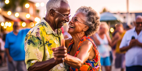 Vibrant senior couple in blissful dance on color-rich Floridian boardwalk, background captures lively crowd and quaint shops subtly blurred.