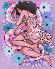 beautiful girl with lush dark hair sleeps hugging a snake - 637254795